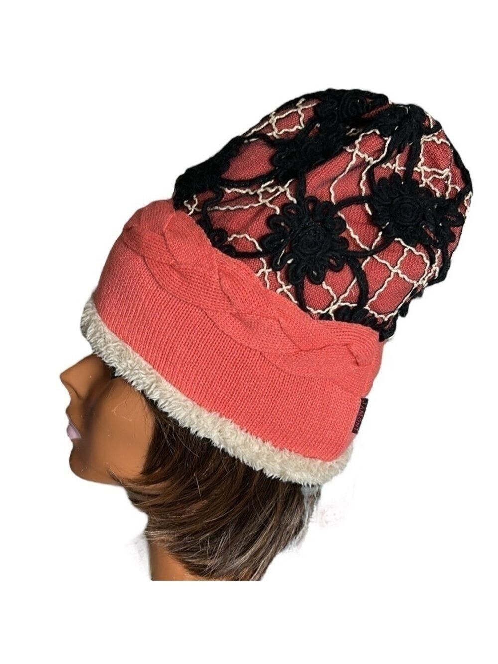 Jamont Knit Beanie Hat Orange and Black with Metallic Gold Accent Plush Lining